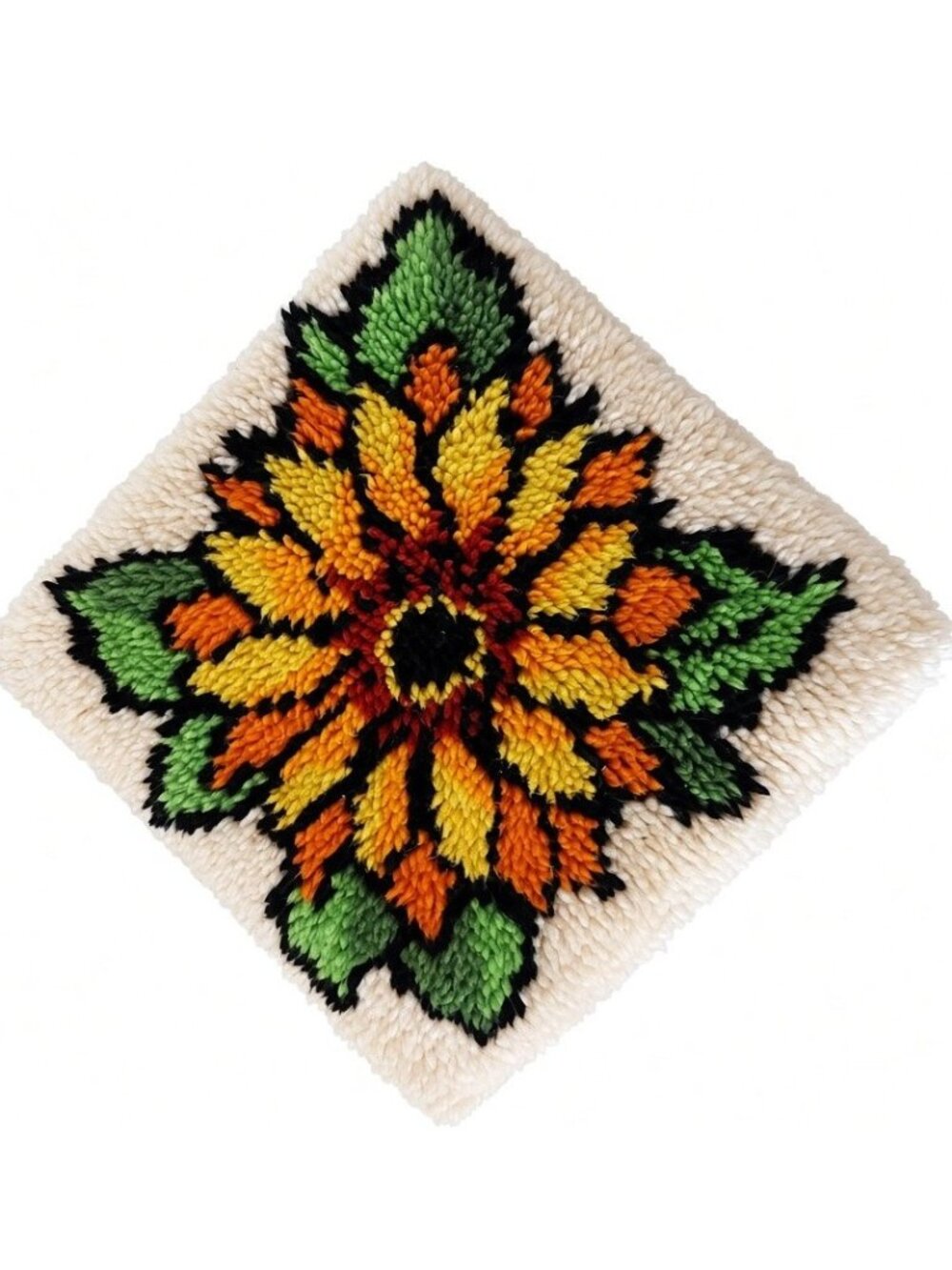 Vintage 1970s Wall Hanging 15" Sunflower Latch Hook Shag Hippie Boho Mod